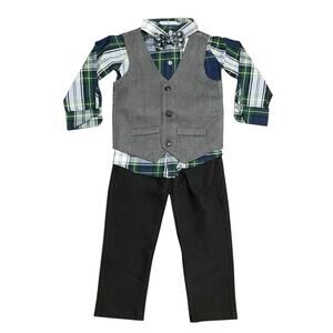 Boy’s Toddler Plaid Shirt with Gray Vest and Black Pants Set Size 3T NWT